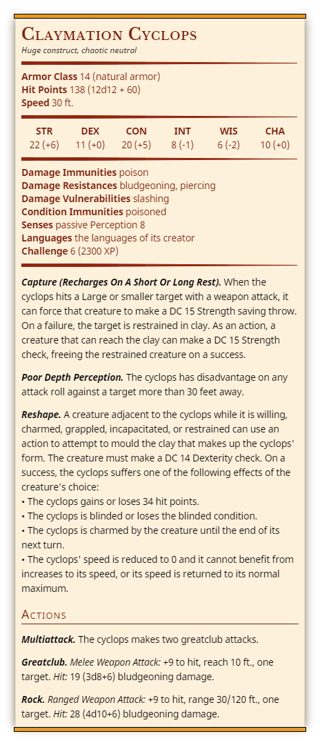 Claymation Cyclops stat block. Full text included below.