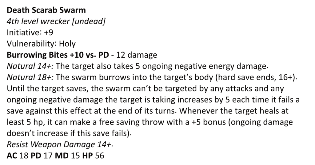A 13th Age monster stat block for the death scarab swarm. The plain text is available below.