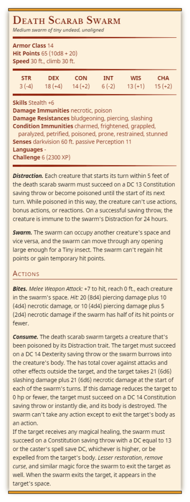 A 5th Edition Dungeons and Dragons monster stat block for the death scarab swarm. The plain text is available below.