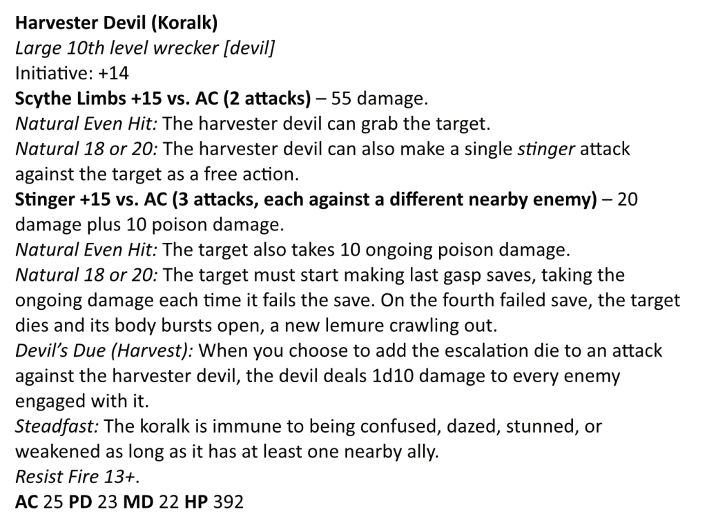A 13th Age stat block for the harvester devil. The text is available below this picture.