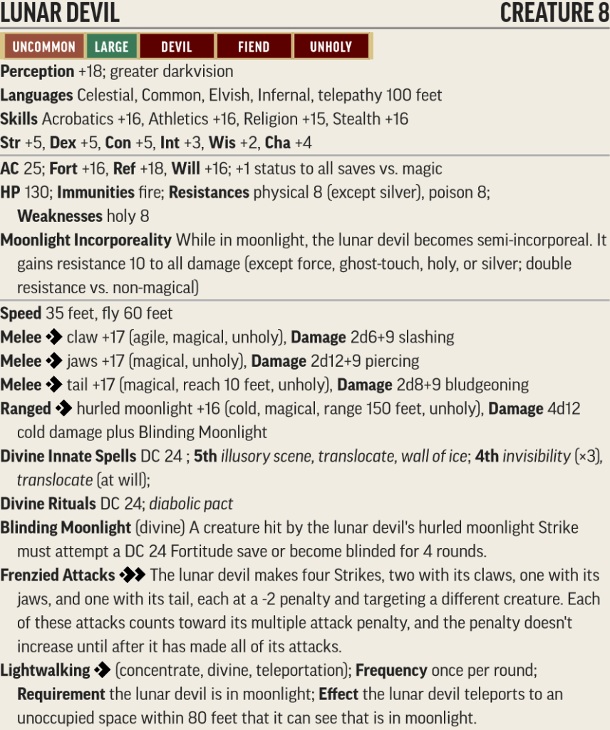 A Pathfinder 2e stat block for the lunar devil. The text is available below this picture.
