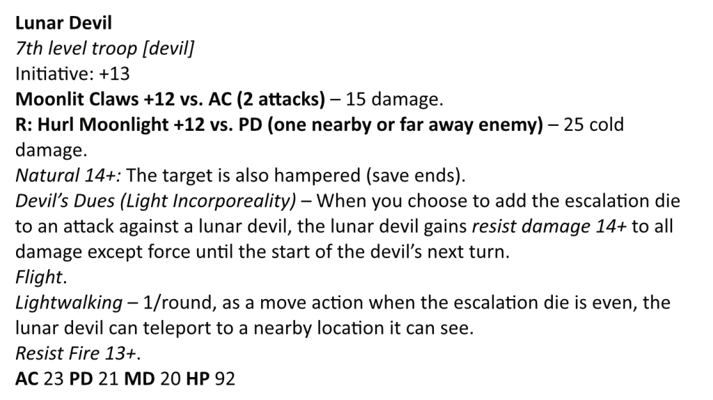 A 13th Age stat block for the lunar devil. The text is available below this picture.