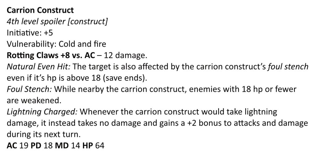 A 13th Age stat block for the carrion construct. The text is available below this picture.