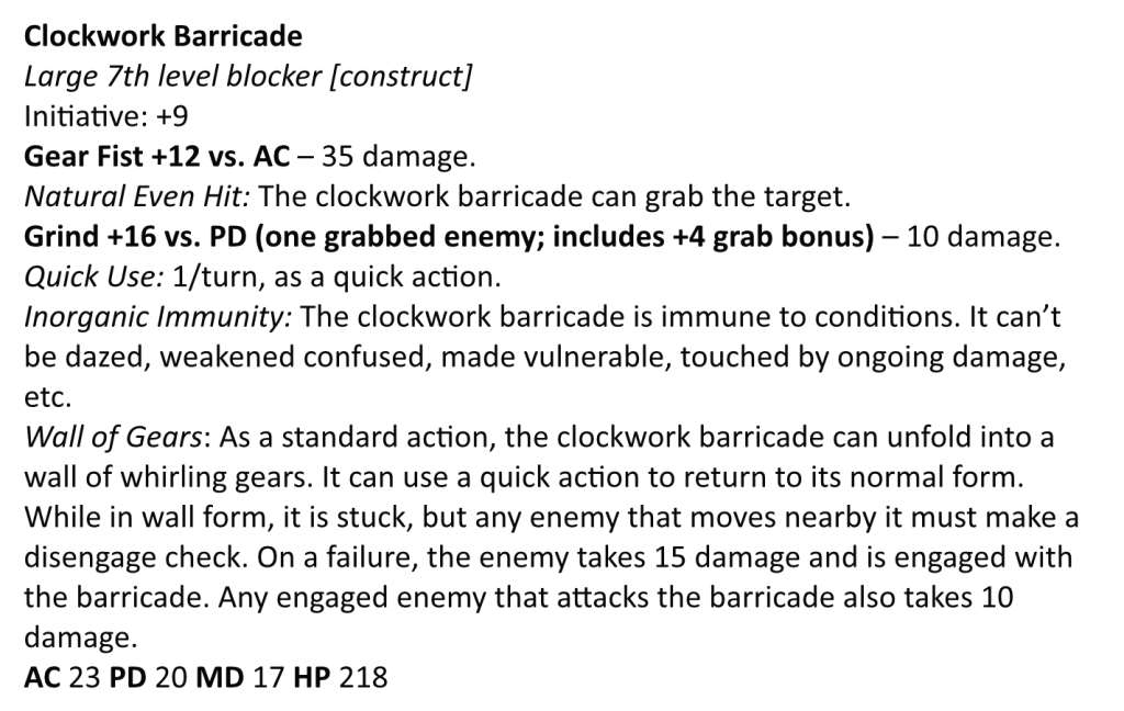 A 13th Age stat block for the clockwork barricade. The text is available below this picture.
