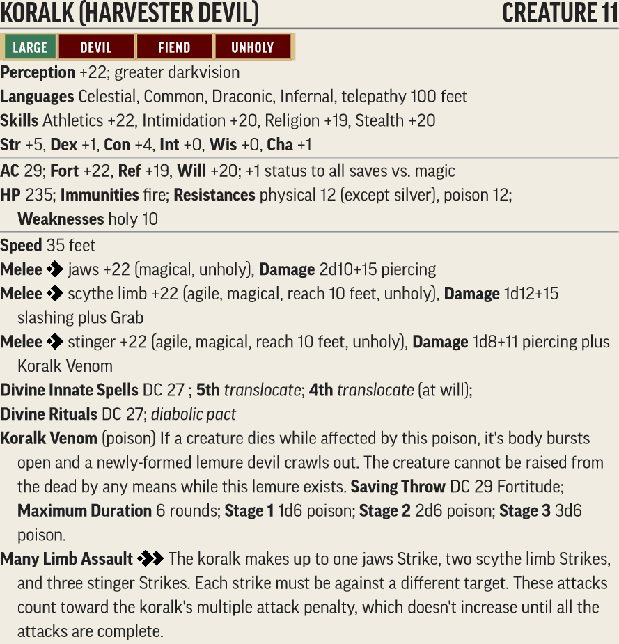 A Pathfinder 2e stat block for the koralk devil. The text is available below this picture.
