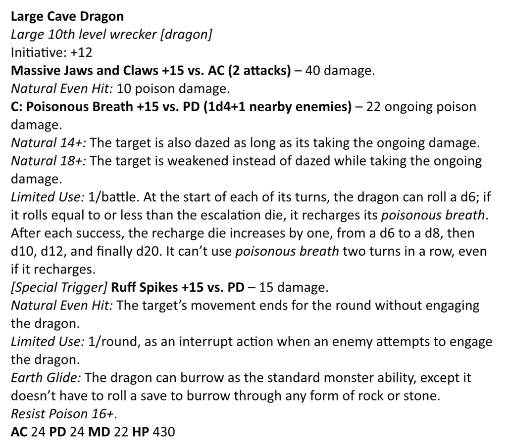 A 13th Age stat block for the large cave dragon. The text is available below this picture.