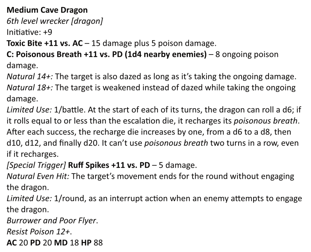 A 13th Age stat block for the medium cave dragon. The text is available below this picture.